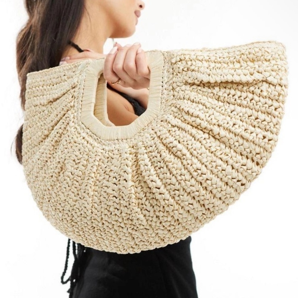 Ramla Bohemian Rattan Half Moon Bag - Cream - Picture 2 of 5